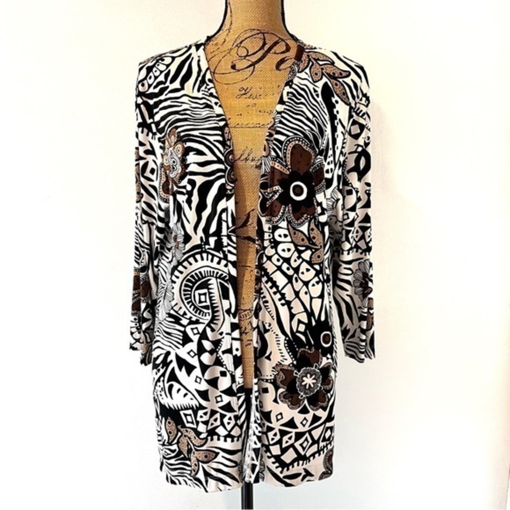 Chico’s Additions open long cardigan floral geometric jersey sz 1 or 2